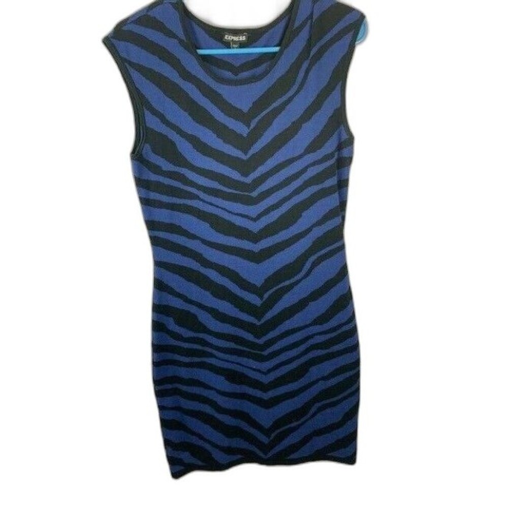 Express Size M Womens Dress Form Fitting Blue Black Animal Print Scoop Neck Knee